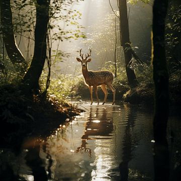 Het magisch boslicht - Damhert in het Schilderachtige Boszonnetje van Karina Brouwer