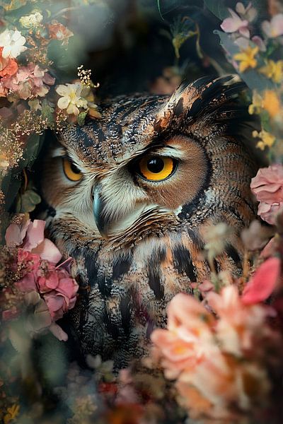 Eule zwischen Blumen und Blättern von Imperial Art House
