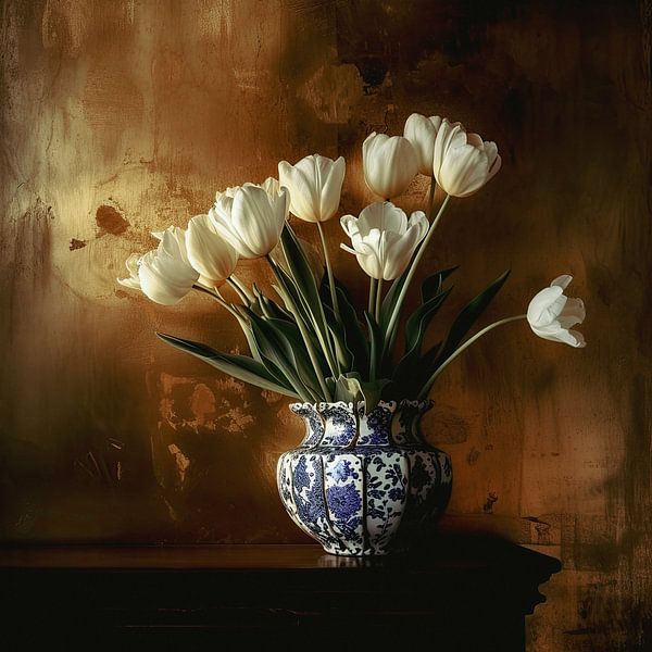 Klassiek wit tulpen boeket in het goud van Vlindertuin-Art