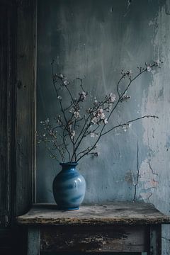 Stilleven Retro | Blauwe vaas op een oude hoiten tafel van Digitale Schilderijen