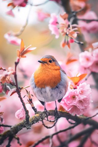 Roodborstje in Japanse kers