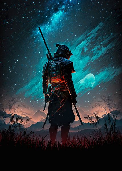 samurai knight standing tall in the middle of the night by Onexart