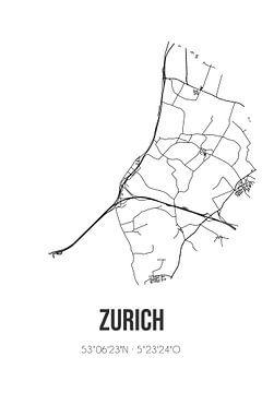 Zurich (Fryslan) | Landkaart | Zwart-wit van Rezona