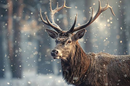Majestueus hert in sneeuwval vastgelegd