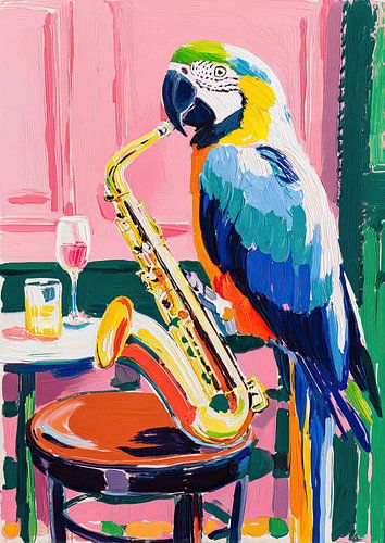Parrot with saxophone and glasses on pink background