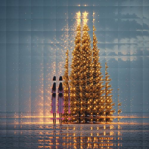 Een modern abstract art kerstsfeer beeld van een jonge vrouw met kerstboom.