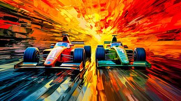 Nek-aan-nek race in een vlammenzee van Klaus Tesching - Art-AI