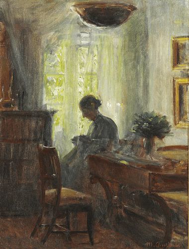 Michael Ancher - Interieur van het huis van de kunstenaar. Anna Ancher aan het handwerken, 1915