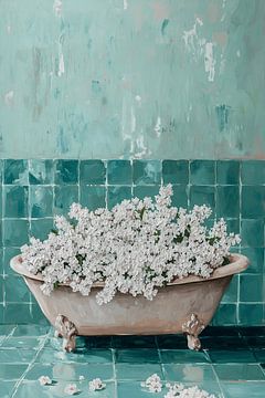Vintage bathtub with white flowers by NJ Midnight Studio