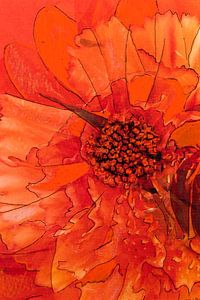Mischtechnik mit verschiedenen Blumen in Orange.