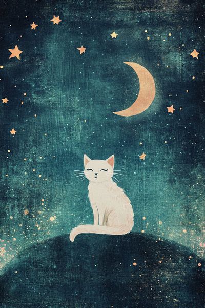 Katze unter Mondsichel in sternenklarer Nacht von Eva Lee
