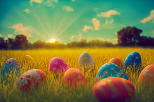 Ostereier im Gras mit Sonne, Illustration