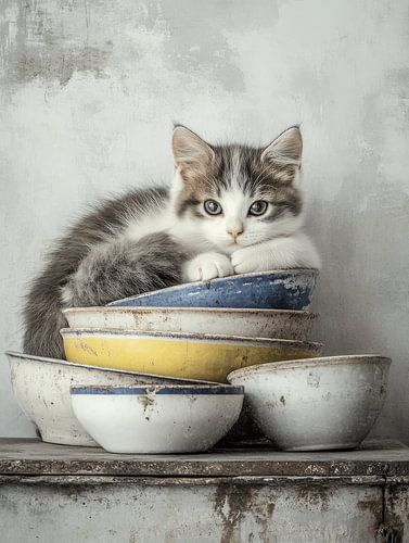 Schattige kitten in een stapel kommetjes