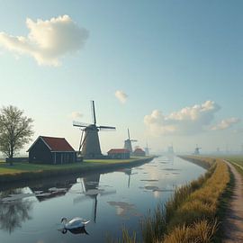 Channel landscape with Mills and Swan by Kleurenrijk