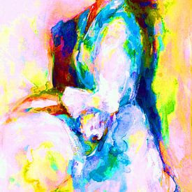 Portret in neon kleuren  van jonge vrouw . Handgeschilderde aquarel van Ineke de Rijk