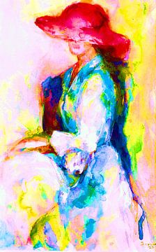 Portret in neon kleuren  van jonge vrouw . Handgeschilderde aquarel van Ineke de Rijk