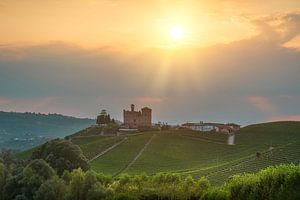 Das Schloss von Grinzane Cavour und die Weinberge der Langhe bei Sonnenuntergang