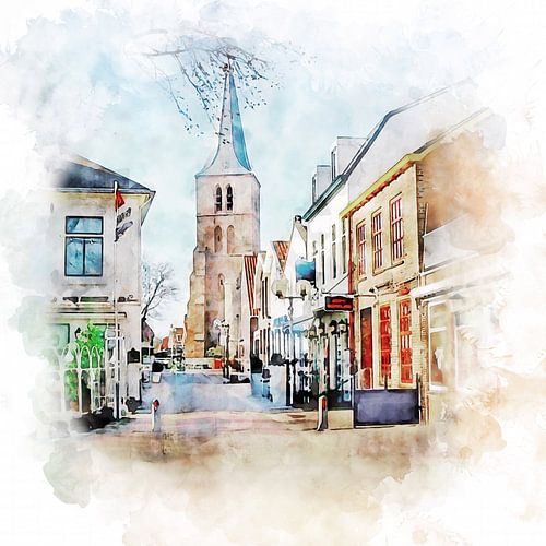 Aquarelschilderij van de stationsstraat in Domburg, Zeeland.