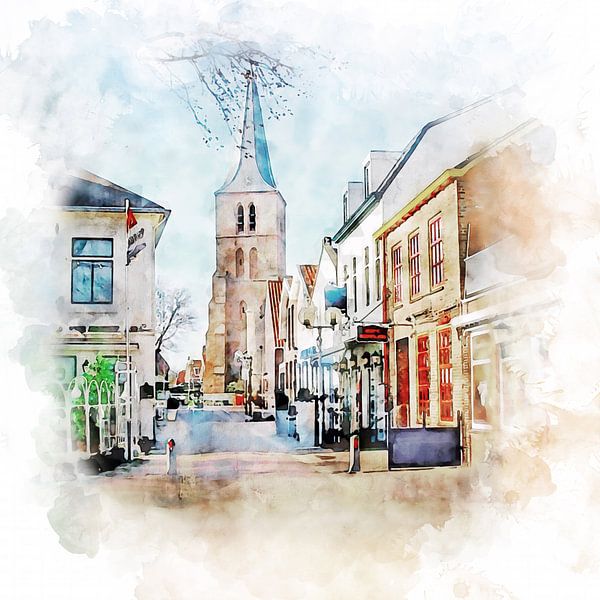 Watercolour painting of the station street in Domburg, Zeeland. by Danny de Klerk