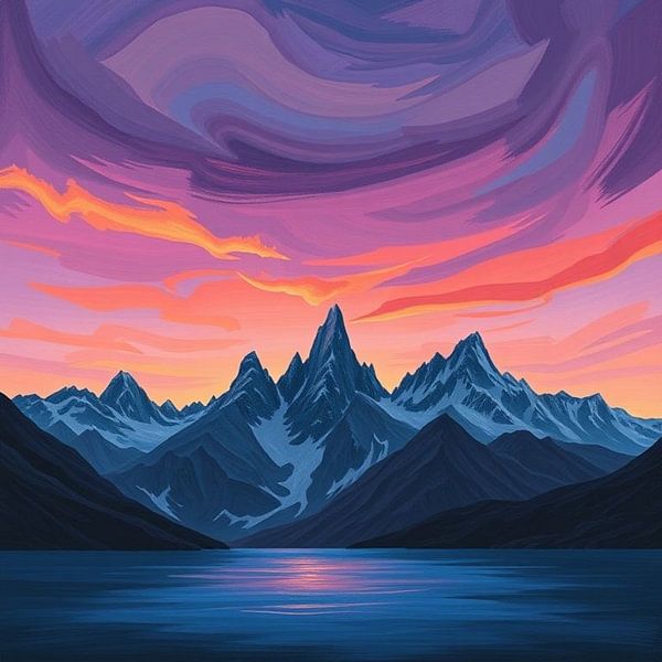 Levendig noorderlicht boven majestueuze bergtoppen: Digitaal olieverfschilderij van Artistic