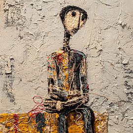 Verzerrte Figur, die sich selbst näht – abstrakt-expressionistisches Acrylkunstwerk mit Struktur von Aden Pink Studio