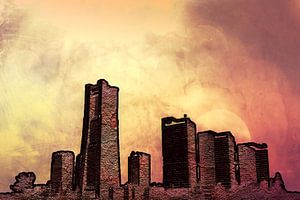 Skyline mit rot und gelb, digitale Bildbearbeitung 