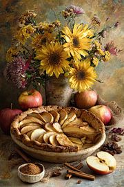 Apfelkuchen mit Sonnenblumen und Äpfeln – warmes Herbststillleben von Joriali Fine Art