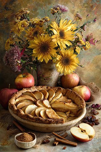 Appeltaart met Zonnebloemen en Appels - Warm Herfst Stilleven