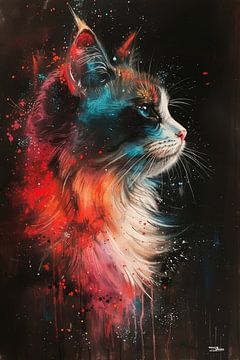 cat - cat in colourful multicolour watercolour by Gelissen Artworks