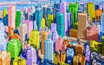 New York Manhattan Skyline mit bunten Wolkenkratzern im Pop Art Stil von Herbert Blum