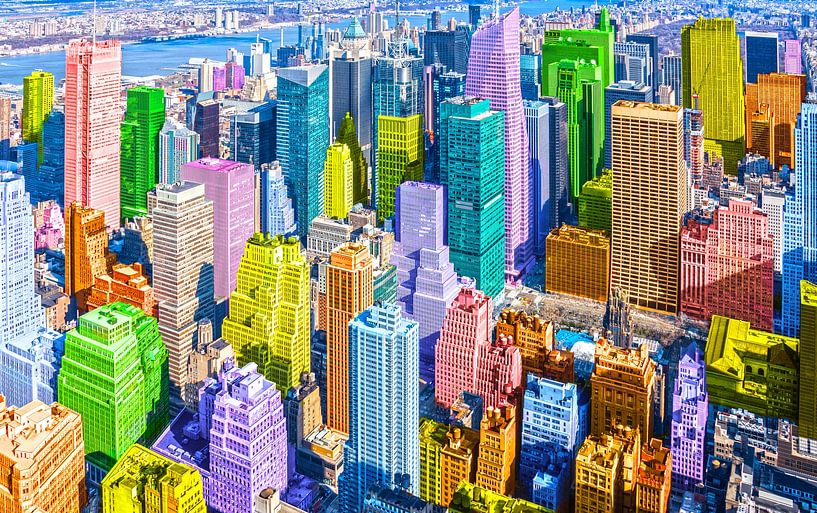 New York Manhattan skyline met kleurrijke wolkenkrabbers in pop art stijl van Herbert Blum