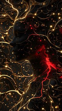 AI Art Vrouwenportret Zwart Rood Goud Magische meditatie van Manipulatiemelodie