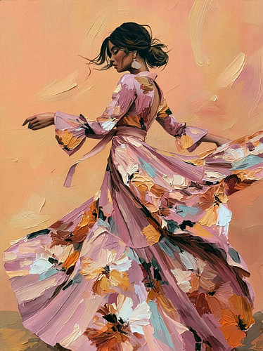 Tanzende Frau in einem langen Blumenkleid