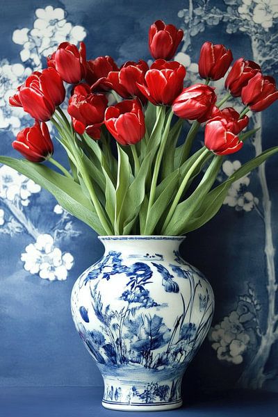 Rote Tulpen in Delfter Blau Vase von Franka Poulain