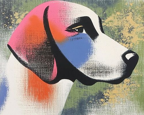 Chien coloré - Chien avec rose et bleu sur Collection Moderne