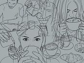 Kein Tag ohne eine Tasse Kaffee (Porträt Frau Mann Strichzeichnung Strichzeichnung Cappuccino Küche  von Natalie Bruns Miniaturansicht