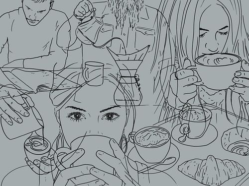 Geen dag zonder een bakkie koffie (portret vrouw man line art lijntekening cappuccino keuken lungo)
