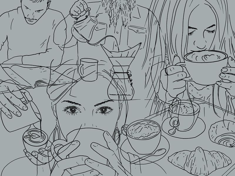Geen dag zonder een bakkie koffie (portret vrouw man line art lijntekening cappuccino keuken lungo) van Natalie Bruns