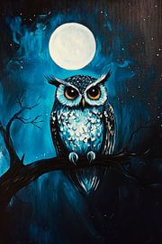 Eule bei Vollmond im Nachtblau von Poster Art Shop