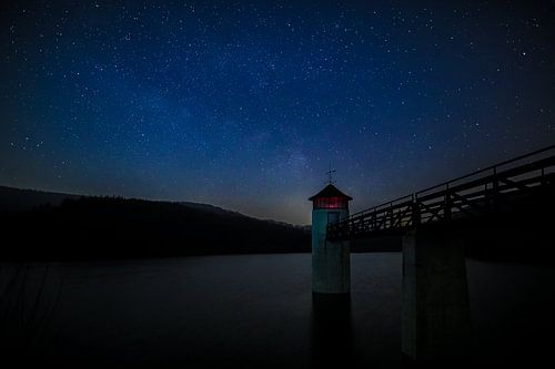 Starry sky with Milky Way over the Urft Dam in the Eifel by Maurice Haak
