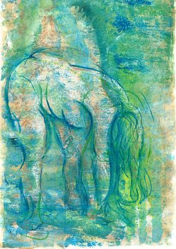 Abstract Vrouw Portret in Groene Tinten Schilderij Yoga van Iris Carmen