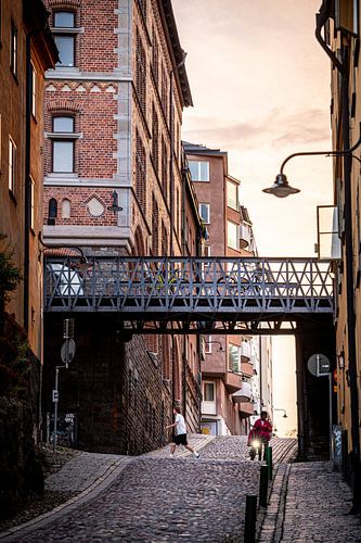 Stenen straatje met ijzeren loopbrug in Stockholm