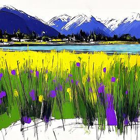 Impressionistisch landschap met paarse bloemen van Frank Heinz