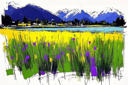 Impressionistisch landschap met paarse bloemen