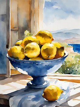 Blue bowl with lemons in the window, watercolour