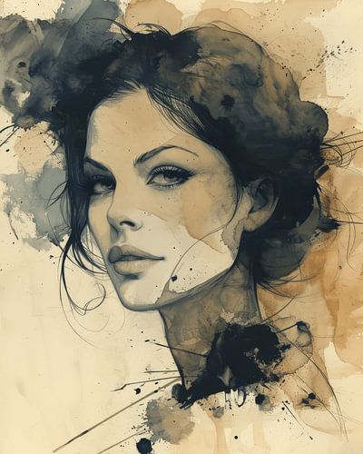 Modern portret in aardetinten met inkt, aquarel