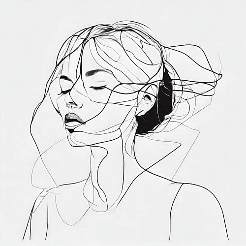 Thoughtful Serenity - Minimalistisch line art Portret
