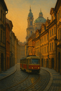 Prager Straßenecke: St. Nikolaus Kirche und Straßenbahn