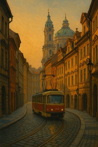 Praagse straathoek: Nicolaaskerk en tram