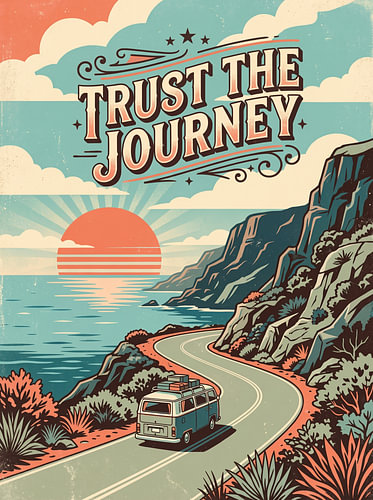 „Trust The Journey“ – Vintage-Campervan für einen Roadtrip an der Küste – inspirierendes Grafikdesign